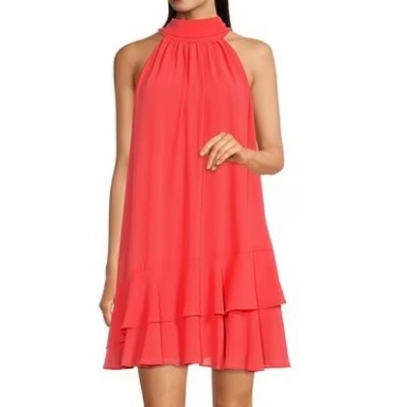 NWT Size 8 Belle Badgley Mischka lightweight coral flowy dress with halter tie - Picture 1 of 6